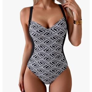 NEW Eomenie 1 Piece Swimsuit Medium Black White Lace Up Back Adjustable Straps